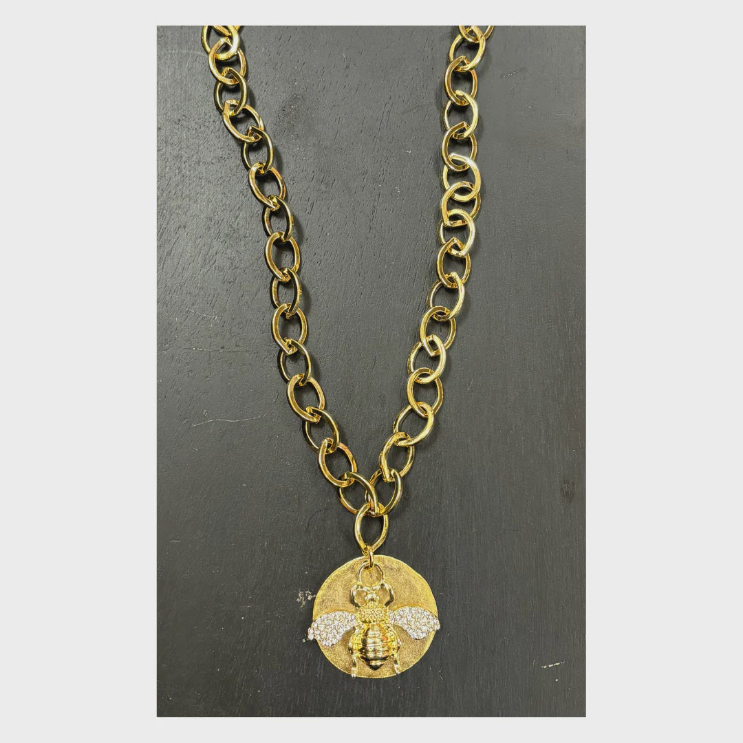 17" gold plated chain necklace with cz bee and gold plated medallion