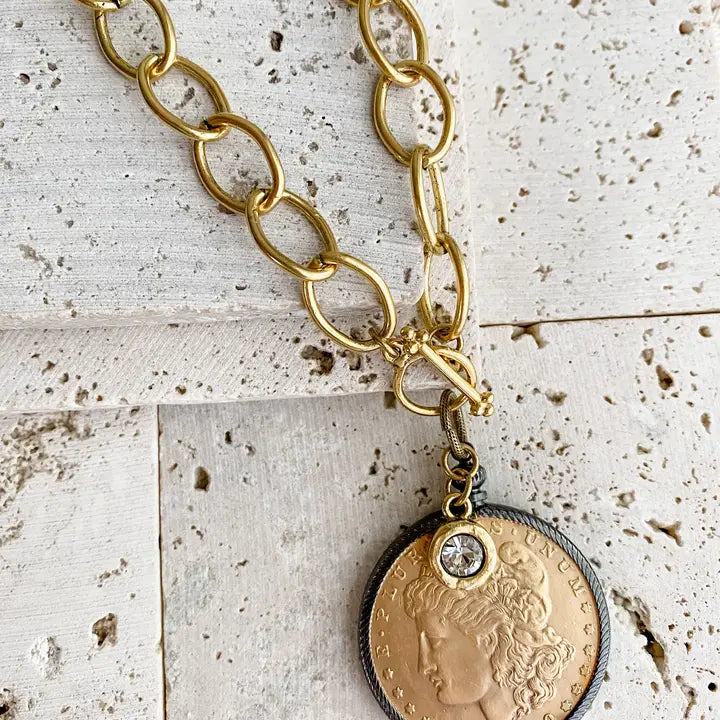 Gold/ Gold Coin Necklace 24Inch With Crystal