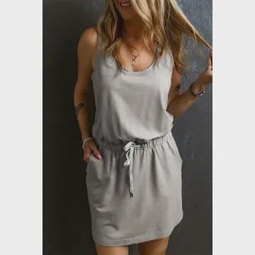 Sleeveless grey drawstring mini dress