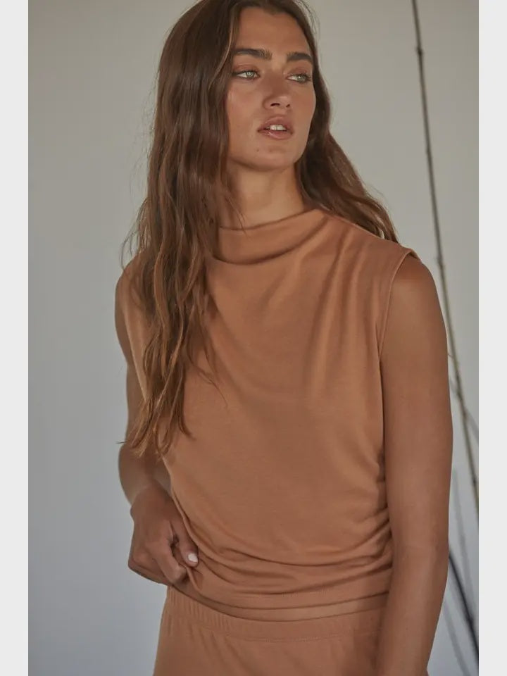 Knit Jersey Ruched Side Detail Mock Neck Top camel