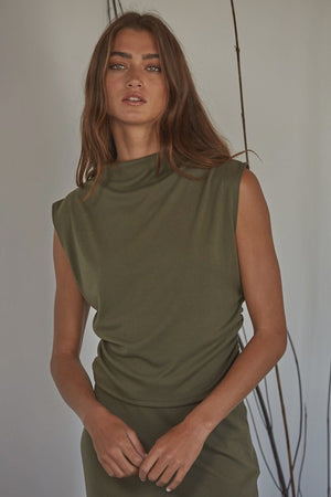 Knit Jersey Ruched Side Detail Mock Neck Top olive