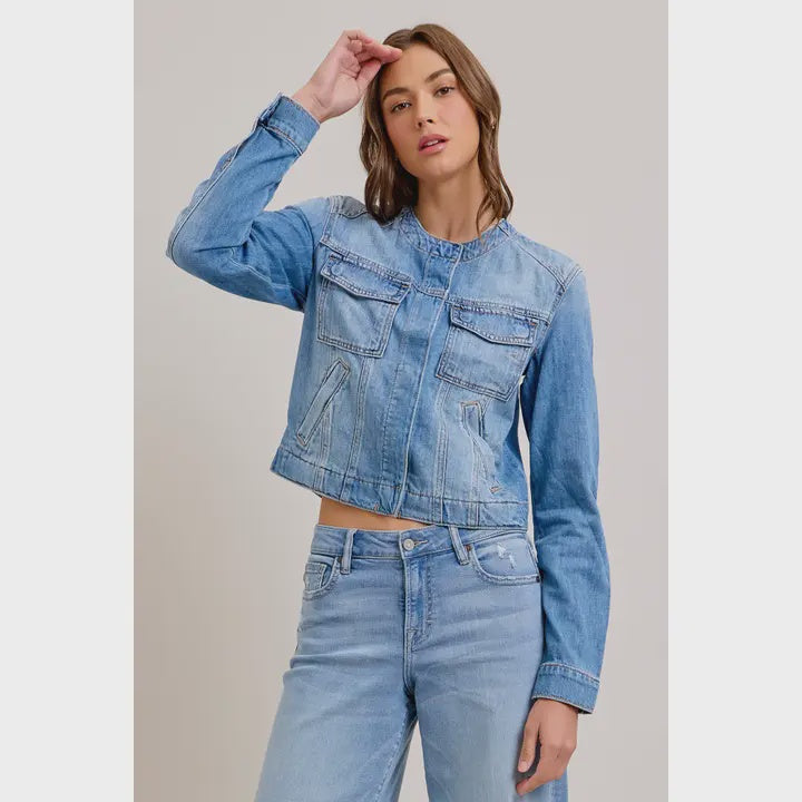 Medium Light Collarless Trucker Jacket