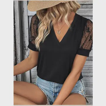 Lace sleeve V neck BLK