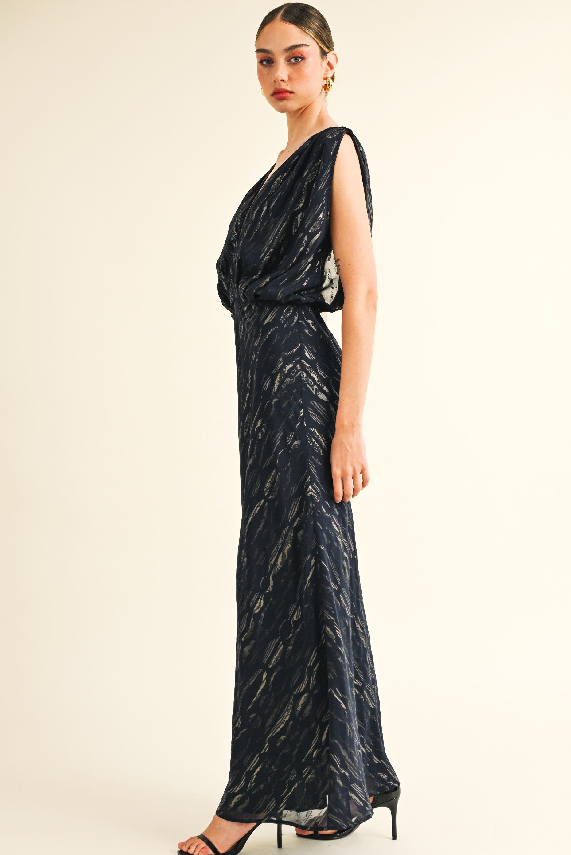 Navy  & gold Maxi dress v neck