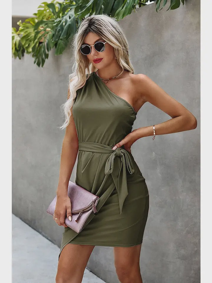 One shoulder olive dress with tie