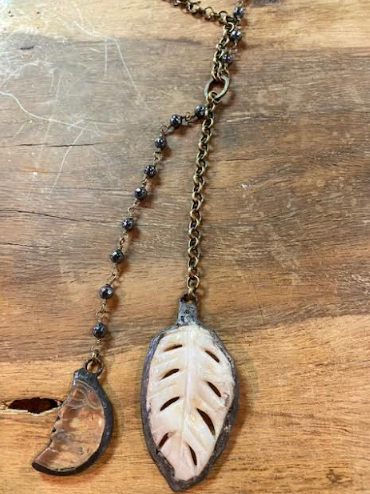 Double Drop Necklace With Crystal Half Moon And Carved Leaf