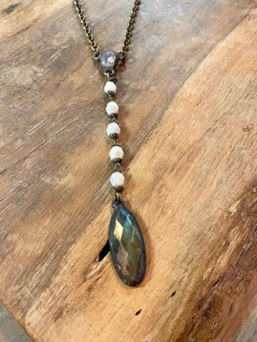 Pearl Drop Necklace With Crystal And Oval Irridescent Pendant