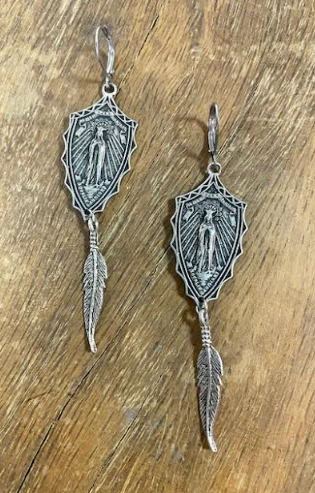 Feather And Religious Medallion Handmade Earring