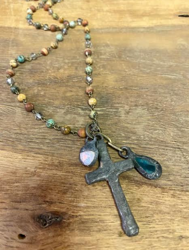 Mult Colored Beaded Necklace With Large Cross And 2 Charms