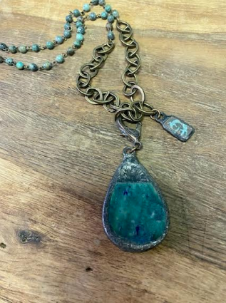 Necklace With Large Teal Stone Pendant With Smaller Accent Charm