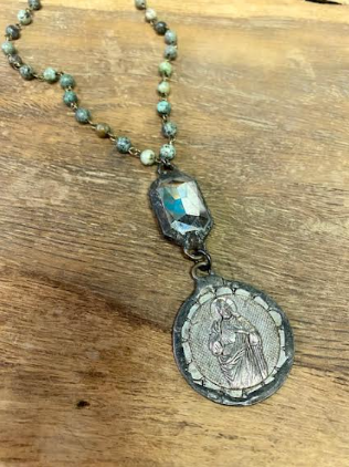 Necklace With Religious Medallion, Beaded Chain And Crystal Pendant