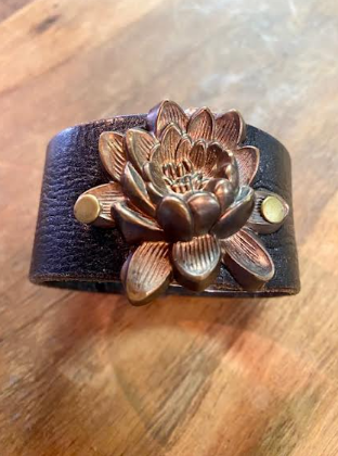 Dark Brown Leather Handmade Cuff Bracelet With Flower