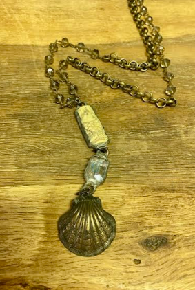 Brass Shell Necklace With Crystal And Etched Fish Pendant