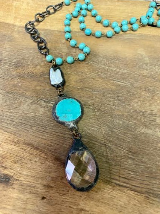 Large Crystal Pendant With Turquoisse And Mother Of Pearl Accents