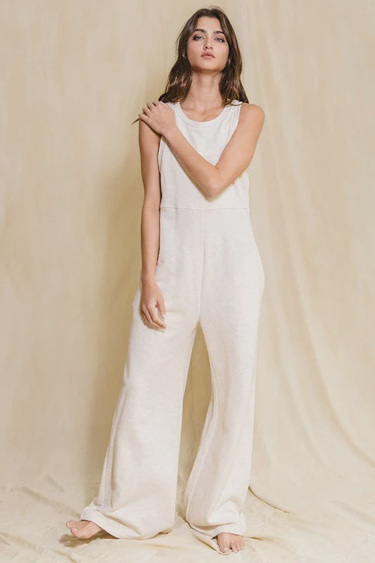 back zipper wide leg jumpsuit  in oatmeal.