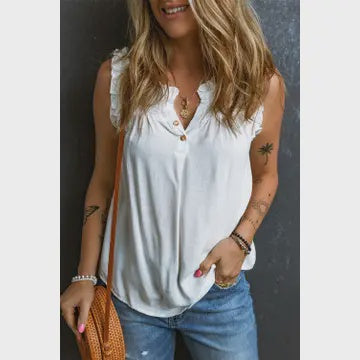 Button split neck white tank